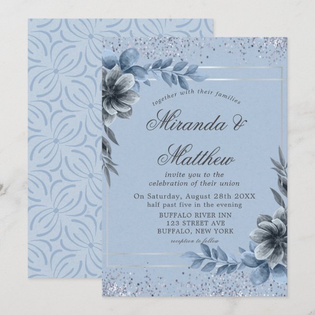 Dusty Blue Floral Silver Wedding Einladungen (Vorne/Hinten)