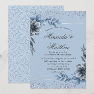 Dusty Blue Floral Silver Wedding Einladungen