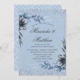 Dusty Blue Floral Silver Wedding Invitations