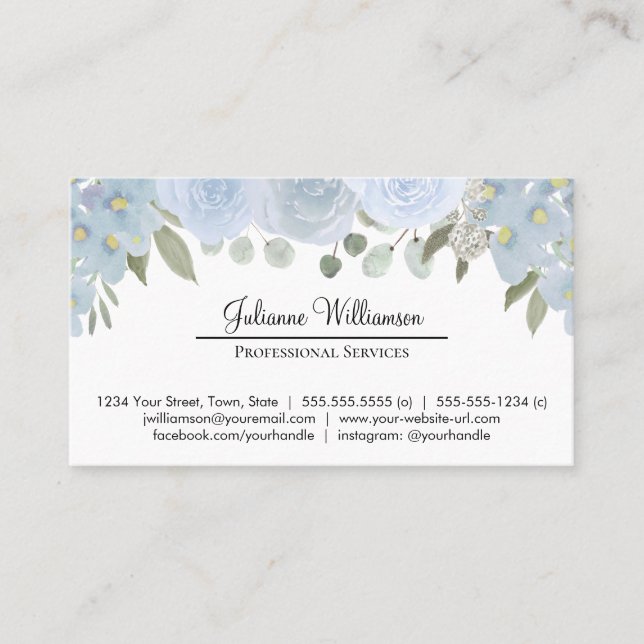 Dusty Blue Floral Simple Personal Beruflich Visitenkarte (Vorderseite)