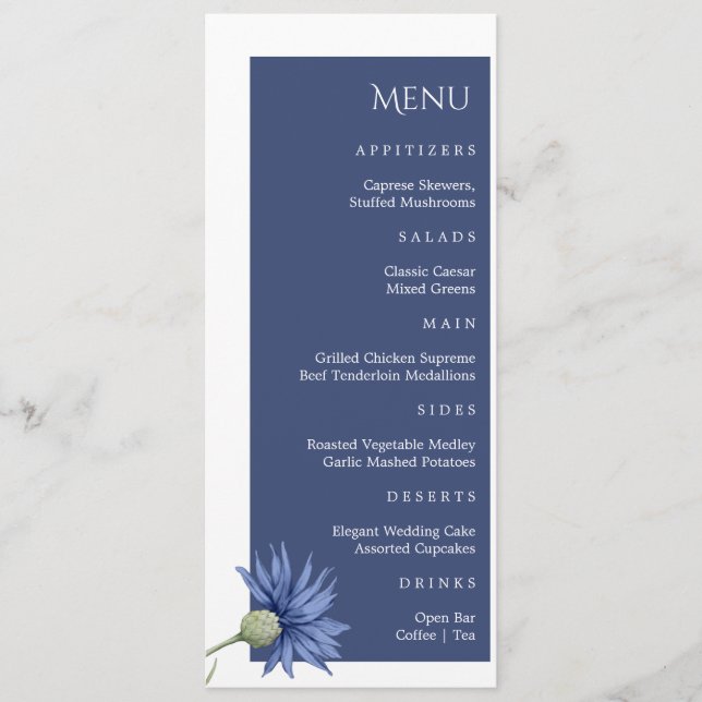 Dusty Blue Floral stilvolles Hochzeitsmenü Menükarte (Vorderseite)