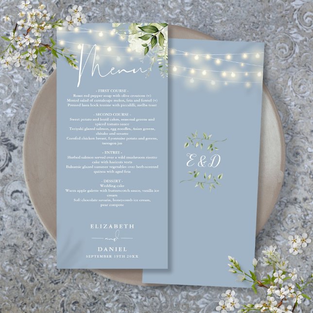 Dusty Blue Floral String Lights Hochzeitsessen Menükarte (Dusty Blue Floral String Lights Wedding Dinner Menu)