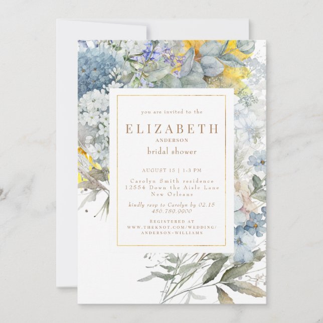 Dusty Blue Floral Sunflower Brautparty Einladung (Vorderseite)