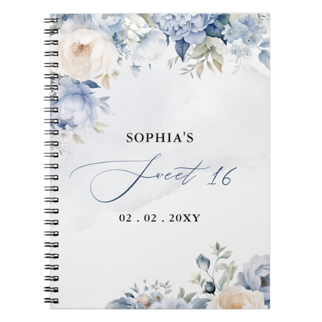 Dusty Blue Floral Sweet 16 Gästebuch Notizblock (Vorderseite)