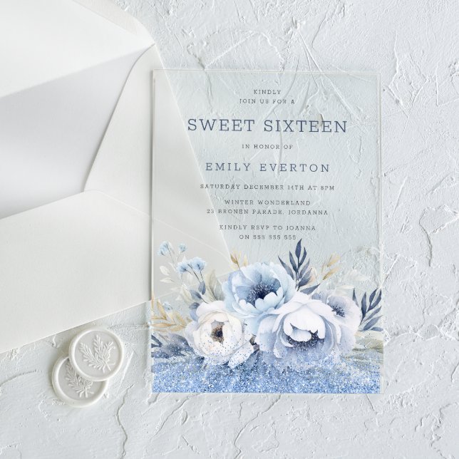 Dusty Blue Floral Sweet 16 Sechzehn Party Acryleinladungen (Von Creator hochgeladen)