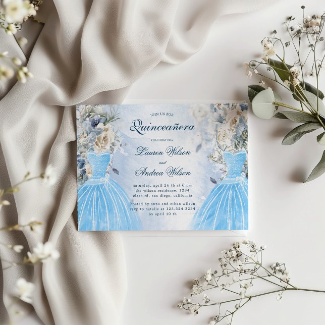 Dusty Blue Floral Twins Quinceañera Einladung (Von Creator hochgeladen)