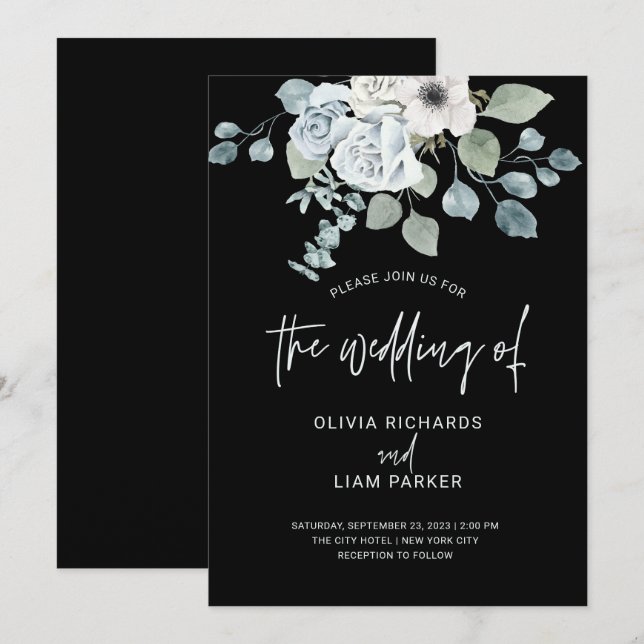 Dusty Blue Floral und Eukalyptus auf Black Wedding Einladung (Vorne/Hinten)