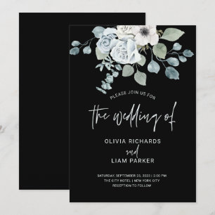Dusty Blue Floral und Eukalyptus auf Black Wedding Einladung