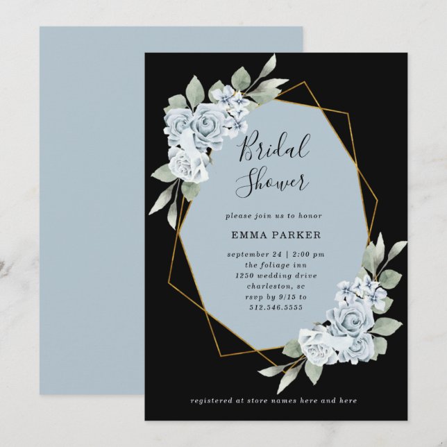 Dusty Blue Floral und Eukalyptus | BRAUTPARTY Einladung (Vorne/Hinten)