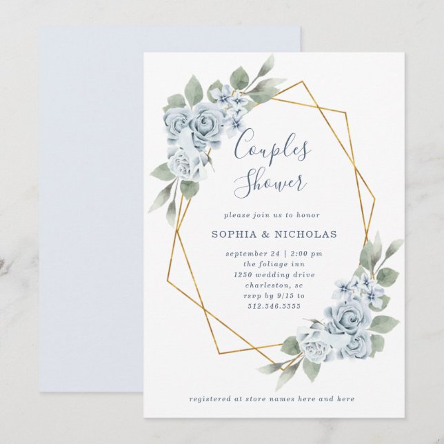 Dusty Blue Floral und Eukalyptus | Dusche Einladung (Vorne/Hinten)