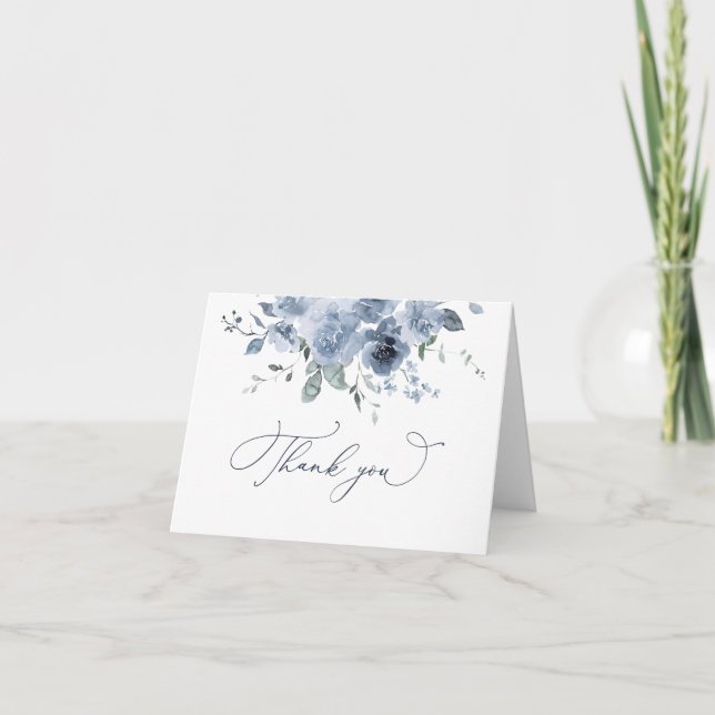 Dusty Blue Floral Vielen Dank an Ihre Karte (Vorderseite)
