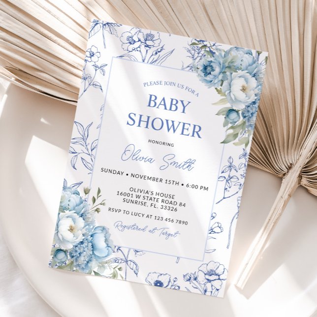 Dusty Blue Floral Vintag Chinoiserie Babydusche Einladung (Von Creator hochgeladen)