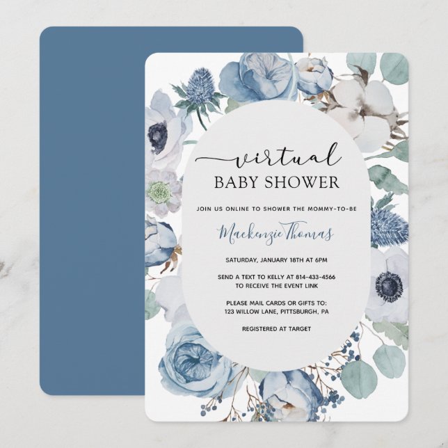 Dusty Blue Floral Virtual Baby Dusche Einladung (Vorne/Hinten)