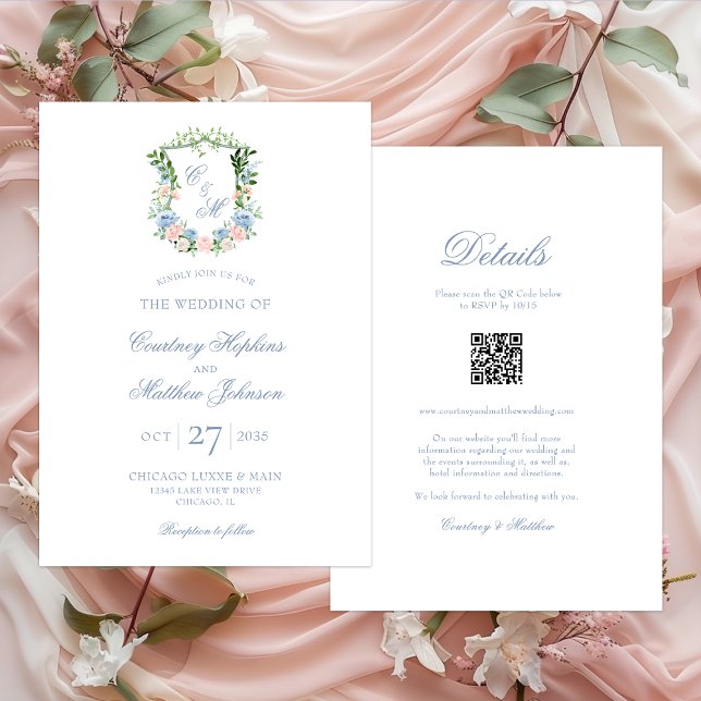 Dusty Blue Floral Wappen auf einer Hochzeit Einladung (Von Creator hochgeladen)