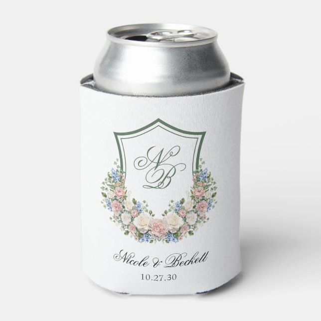 Dusty Blue Floral Wappen Hochzeit Cooler Dosenkühler (Kanne Vorderseite)