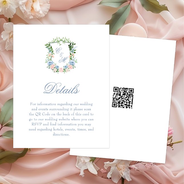 Dusty Blue Floral Wappen Hochzeitdetails Begleitkarte (Von Creator hochgeladen)