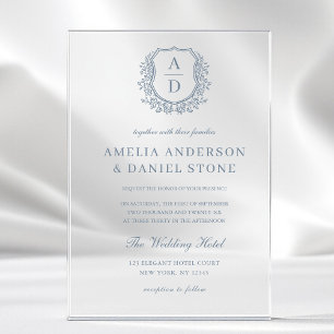 Dusty Blue Floral Wappen Monogram Wedding Elegant Acryleinladungen