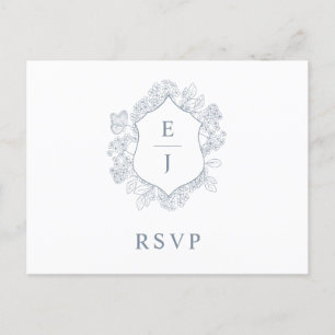 Dusty Blue Floral Wappen Monogram Wedding RSVP Postkarte