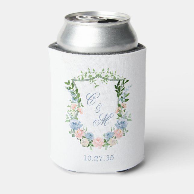 Dusty Blue Floral Wappen Wedding Dosenkühler (Kanne Rückseite)