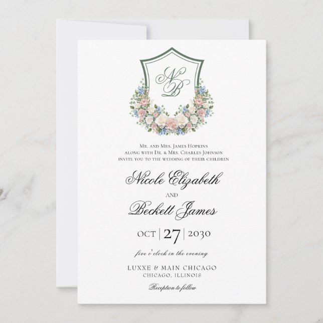 Dusty Blue Floral Wappen Wedding Einladung (Vorderseite)