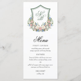 Dusty Blue Floral Wappen Wedding Menükarte
