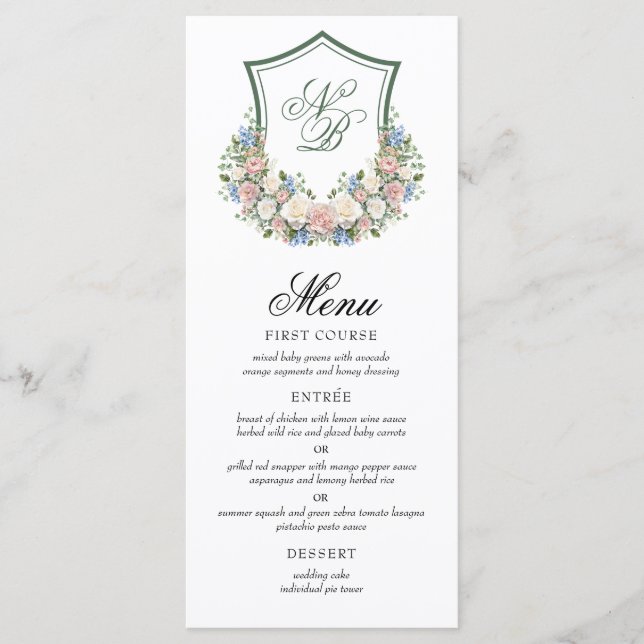 Dusty Blue Floral Wappen Wedding Menükarte (Vorderseite)