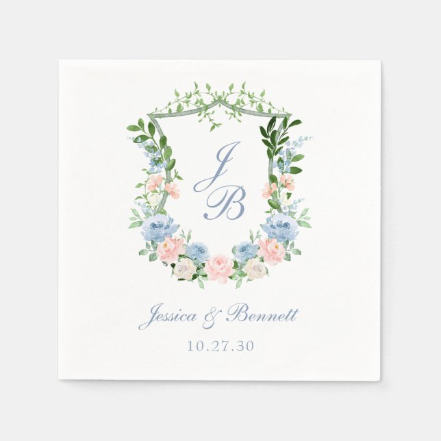 Dusty Blue Floral Wappen Wedding Napkins Serviette (Vorderseite)