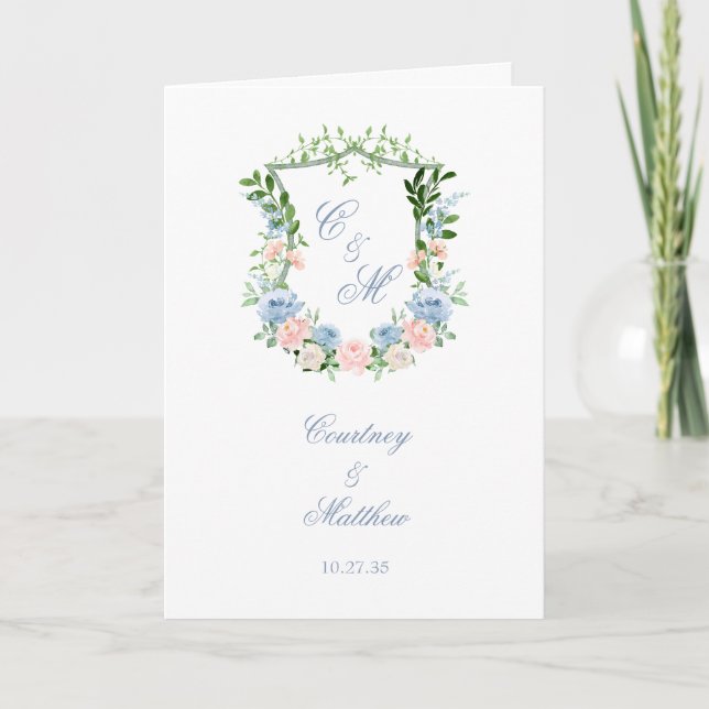 Dusty Blue Floral Wappen Wedding Programm (Vorderseite)