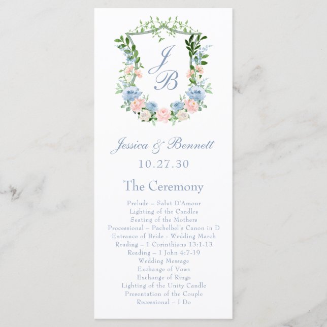 Dusty Blue Floral Wappen Wedding Programm (Vorderseite)