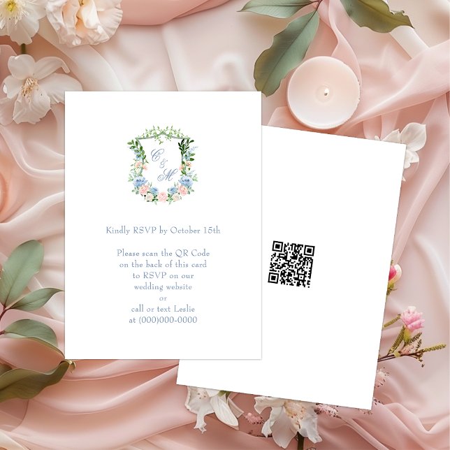 Dusty Blue Floral Wappen Wedding QR Code UAWG Begleitkarte (Von Creator hochgeladen)