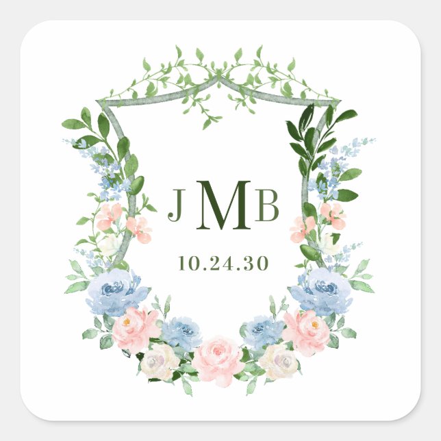 Dusty Blue Floral Wappen Wedding Quadratischer Aufkleber (Vorderseite)