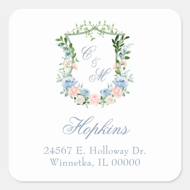 Dusty Blue Floral Wappen Wedding Quadratischer Aufkleber (Vorderseite)