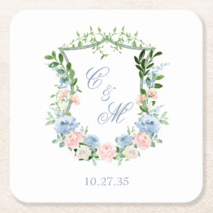 Dusty Blue Floral Wappen Wedding Rechteckiger Pappuntersetzer