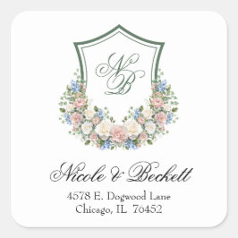 Dusty Blue Floral Wappen Wedding Rücksendeadresse Quadratischer Aufkleber