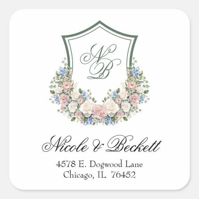 Dusty Blue Floral Wappen Wedding Rücksendeadresse Quadratischer Aufkleber (Vorderseite)