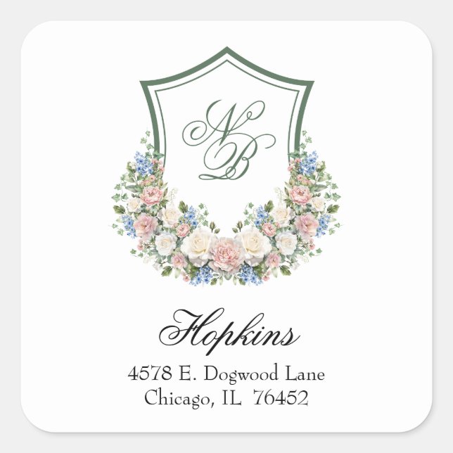 Dusty Blue Floral Wappen Wedding Rücksendeadresse Quadratischer Aufkleber (Vorderseite)