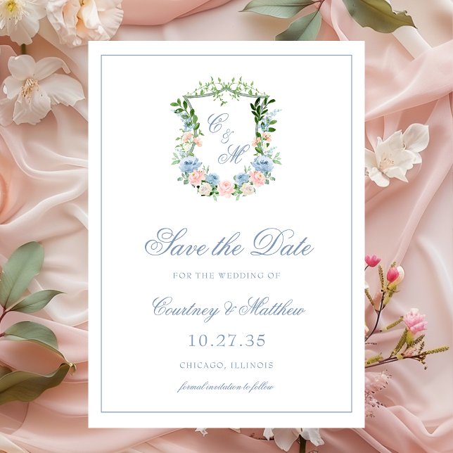 Dusty Blue Floral Wappen Wedding Save The Date (Von Creator hochgeladen)
