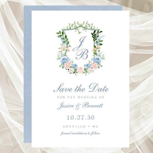 Dusty Blue Floral Wappen Wedding Save the Date (Von Creator hochgeladen)