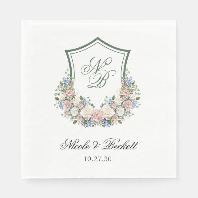 Dusty Blue Floral Wappen Wedding Serviette (Vorderseite)