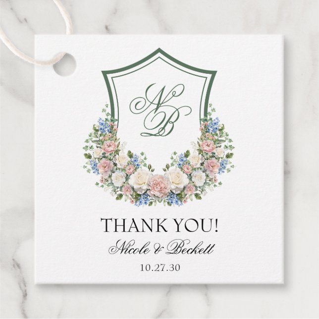 Dusty Blue Floral Wappen Wedding Vielen Dank Geschenkanhänger (Vorderseite)