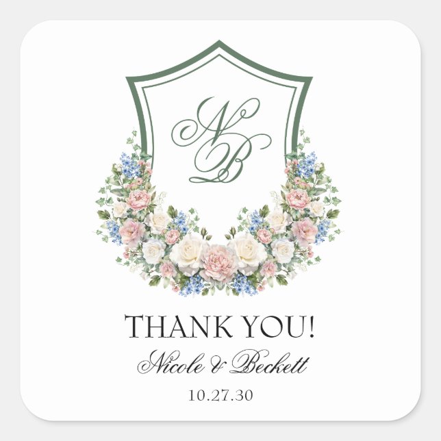 Dusty Blue Floral Wappen Wedding Vielen Dank Quadratischer Aufkleber (Vorderseite)