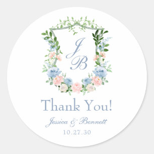 Dusty Blue Floral Wappen Wedding Vielen Dank Runder Aufkleber