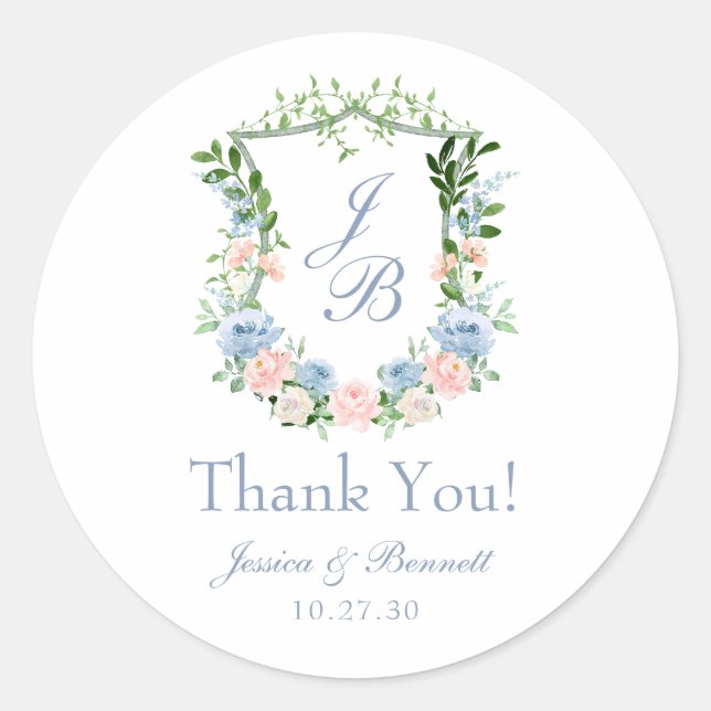Dusty Blue Floral Wappen Wedding Vielen Dank Runder Aufkleber (Vorderseite)