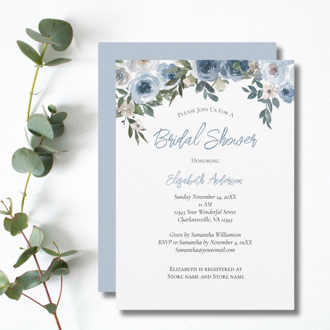Dusty Blue Floral Watercolor Brautparty Einladung (Dusty Blue Floral Watercolor Bridal Shower invitation)