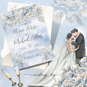 Dusty Blue Floral Watercolor Script Wedding Einladung