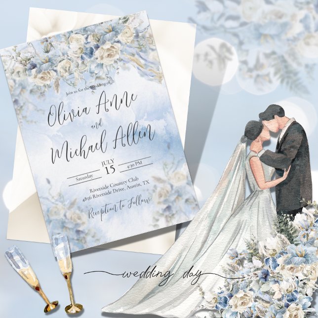 Dusty Blue Floral Watercolor Script Wedding Einladung (Von Creator hochgeladen)
