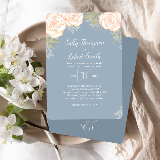Dusty Blue Floral Watercolor Wedding Einladung (Dusty blue wedding invitation with watercolor blush pink floral design.)