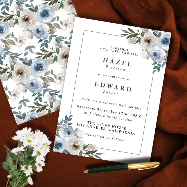Dusty Blue Floral Watercolor Wedding Einladung (Dusty Blue Floral Watercolor Wedding Invitation)
