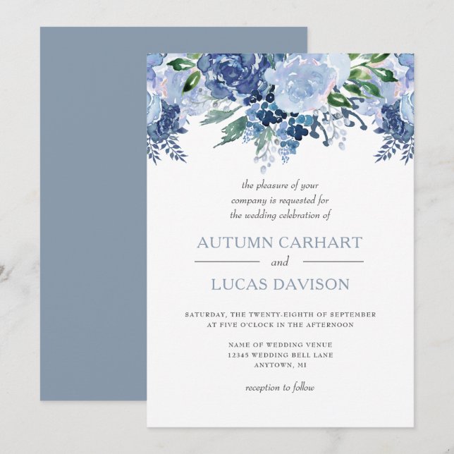 Dusty Blue Floral Watercolor Wedding Einladung (Vorne/Hinten)