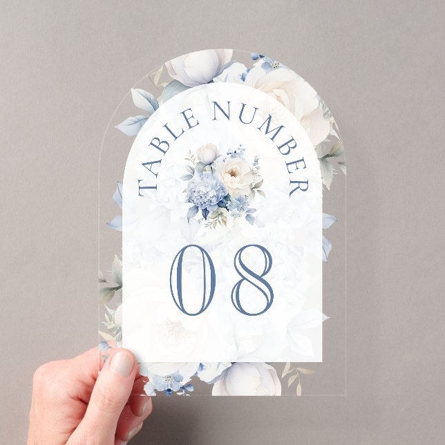 Dusty Blue Floral Wedding Acrylic Table Number Acryleinladungen (Insitu (Handheld))